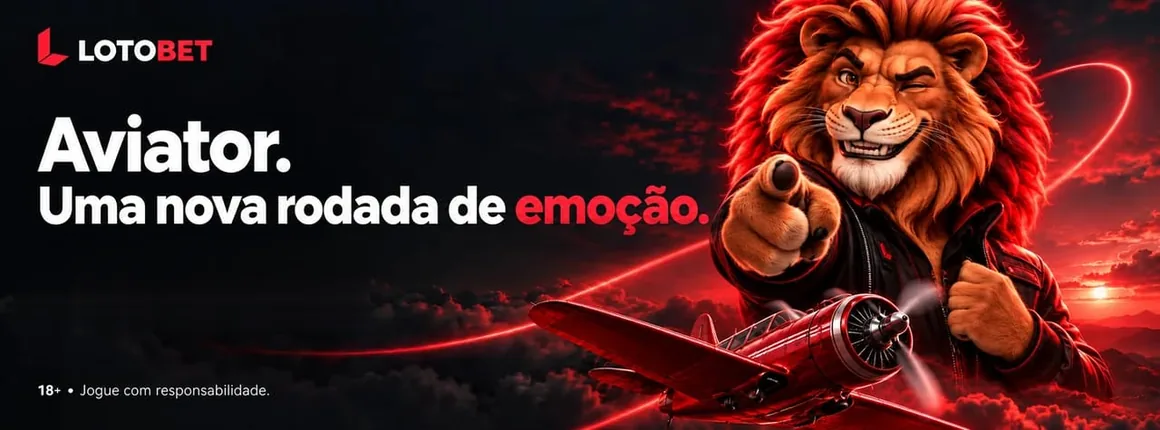 Banner da Lotobet com o leão mascote apontando e um avião vermelho, sobre o jogo Aviator
