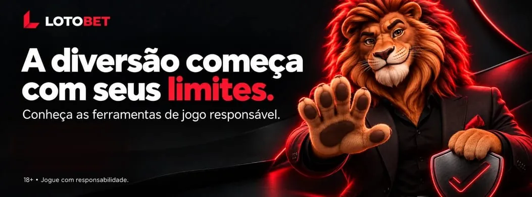 Banner de jogo responsável da Lotobet, com o leão mascote mostrando a palma da mão